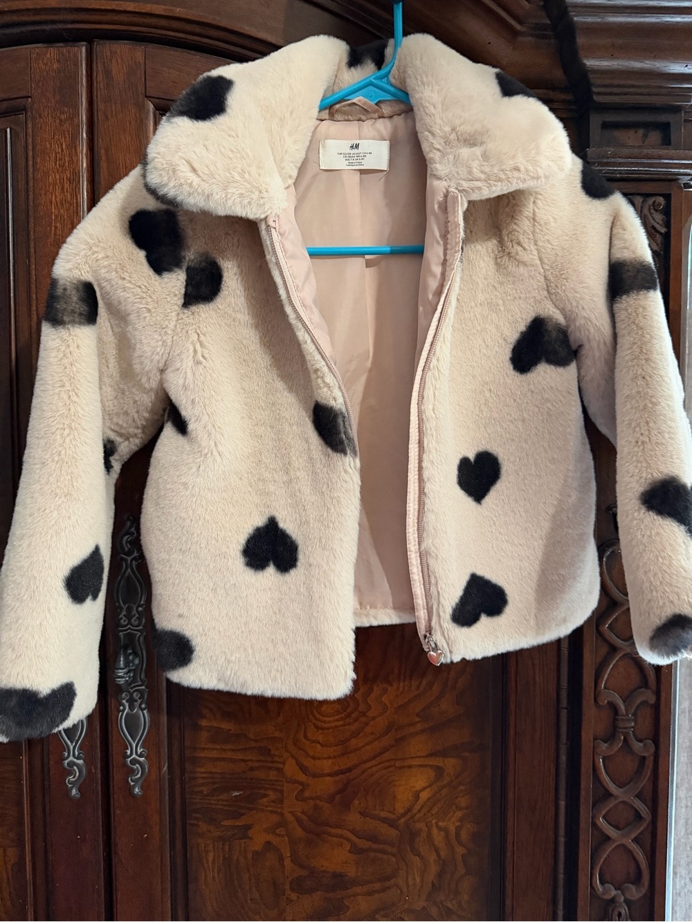 H&M Kids Cream Faux Fur Jacket with Black Heart Print